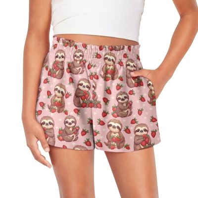 Epaihaiy Pink Strawberry Shorts for Girls 7-8 Cute Sloth Print Flowy Athletic Shorts with Pocket High Waisted Gym Workout Sport Shorts Kids Activewear for School