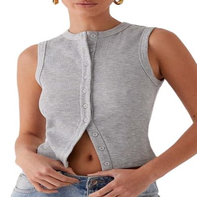 Adoeren Women Button Down Tank Vest Trendy Casual Slim Fit Sleeveless Ribbed Knit Shirt Y2k Going Out Crewneck Tank Tops(Light Grey,S)