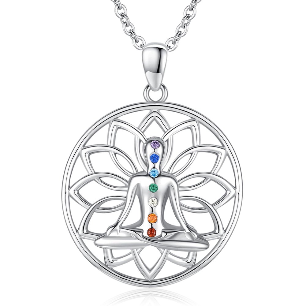 Suiknsn Yoga Necklaces for Women 925 Sterling Silver Lotus Pendant Healing Chakra Necklace Spiritual Jewelry Birthday Yoga Gifts for Lotus Lovers Yoga Lovers Friends