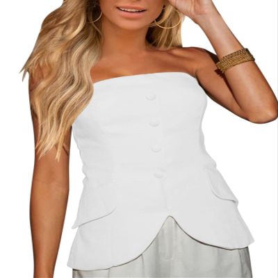 Fallorchid Women's Non functional Button Front Strapless Sleeveless Tops Vest Casual Split Hem Tube Top