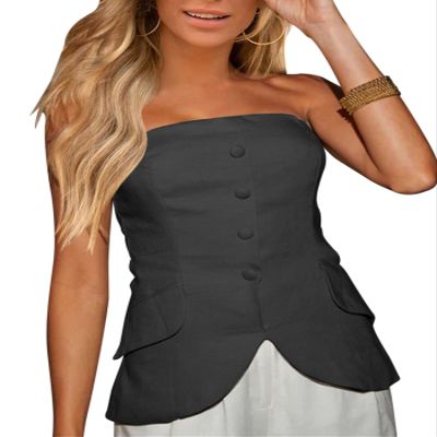 Fallorchid Women's Non functional Button Front Strapless Sleeveless Tops Vest Casual Split Hem Tube Top