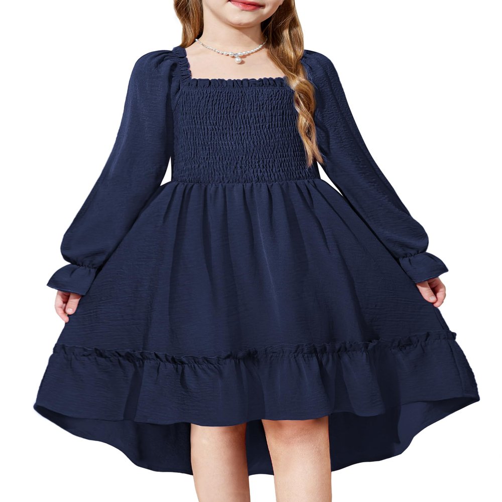 Arshiner Tween Dresses Special Occasion Party Puff Long Sleeve Fall Flowy Girls Smocked Dress Blue 10-12 Y