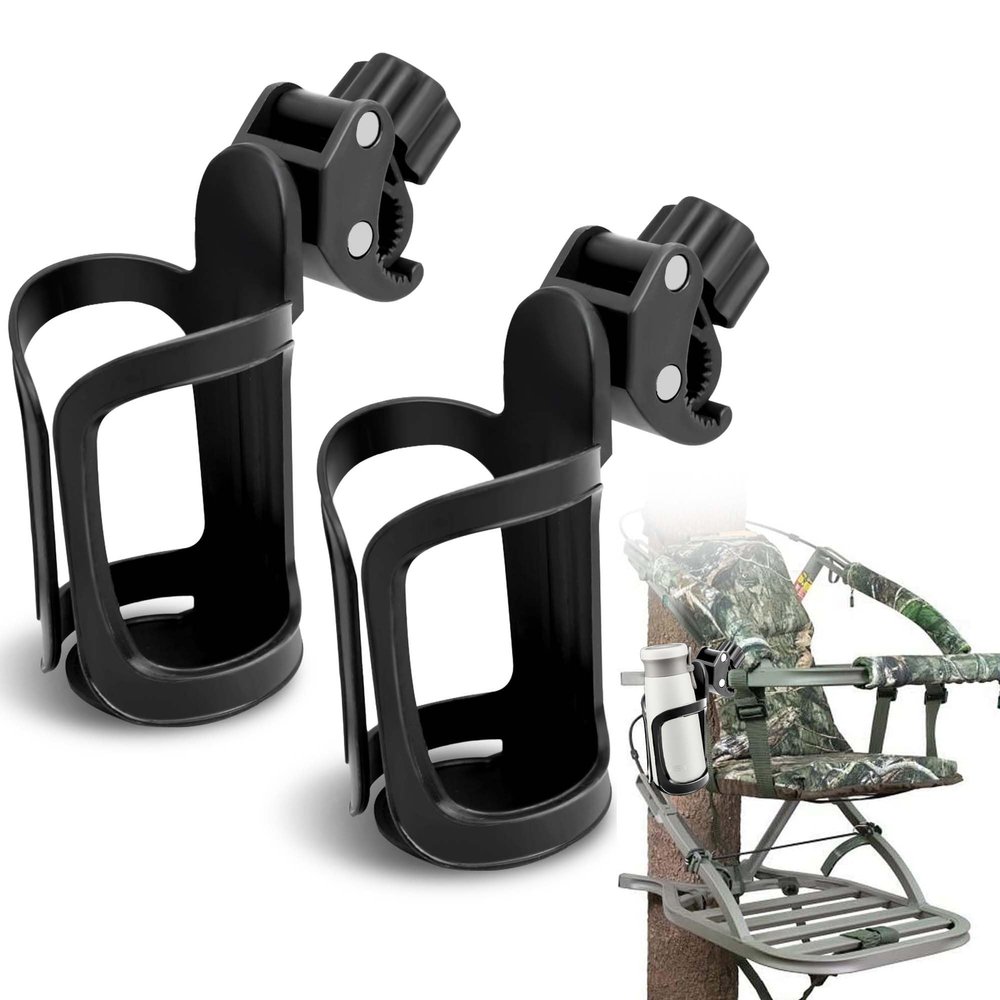 2 Pcs Cup Holders for Treestand Hunting Black Clip on Cup Holder Universal 360 Degrees Rotation Bottle Holder for Hunting Easy Clamps on Tree Stand or Climbing Sticks