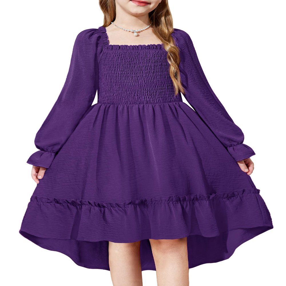 Arshiner Girls Dress Fall Winter Special Occasion Party Purple Girl Twirly Smocked Dresses Size 8