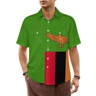 Adugen Origei Hawaiian Shirt Zambia Flag Short Sleeve Shirts Men Print Short Sleeve Shirts Men Plus Size 3XL