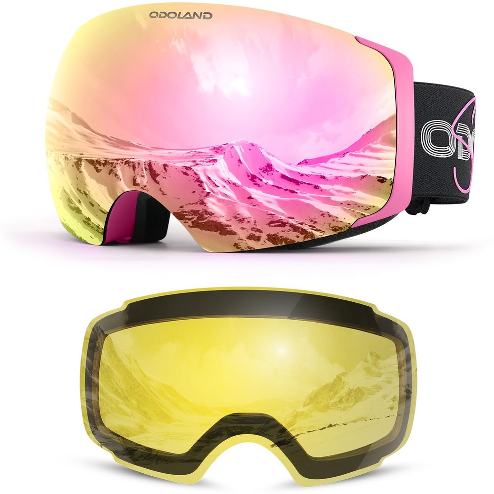 Odoland Magnetic Interchangeable Ski Goggles with 2 Lens, Large Spherical Frameless Snow Snowboard Goggles for Men Women, Pink Frame Pink Lens