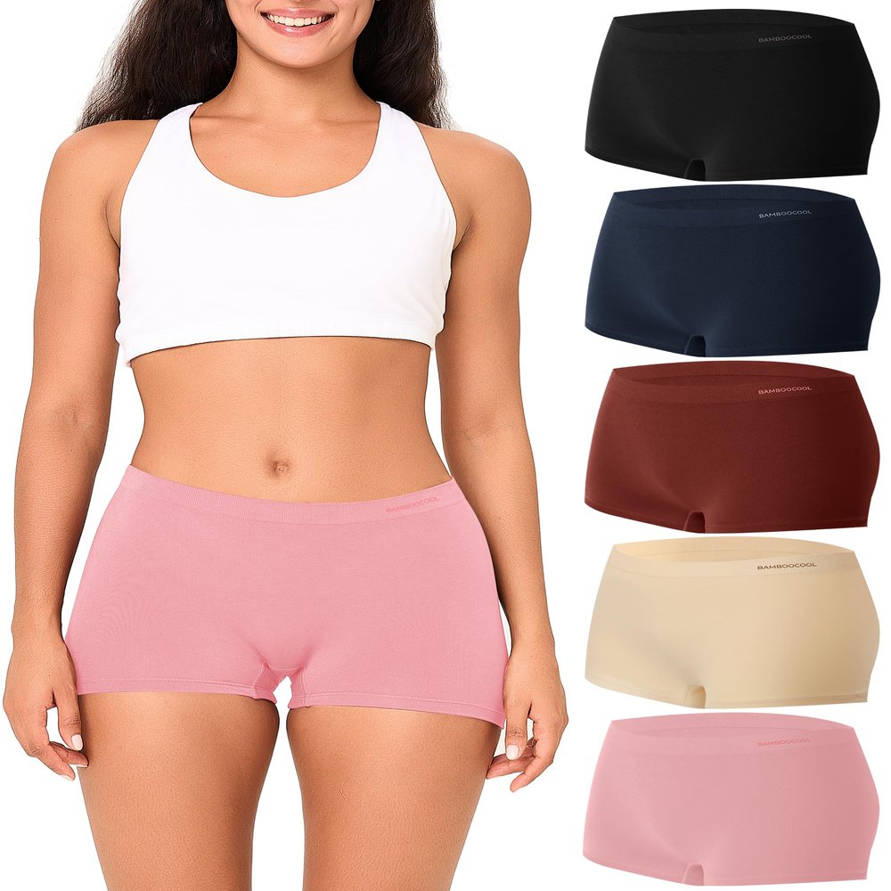 BAMBOO COOL Women's Boyshort Panties Seamless High Waist Underwear Stretchy Moisture Wicking Boxer Briefs for Ladies 5 Pack