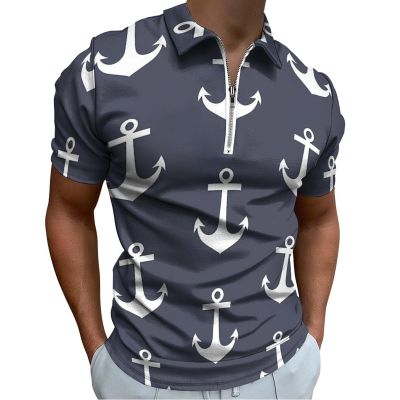 Nautical Anchors Navy Blue Mens Polo Shirts Quick Dry Short Sleeve Zip Up T Shirt Tee Top 4XL