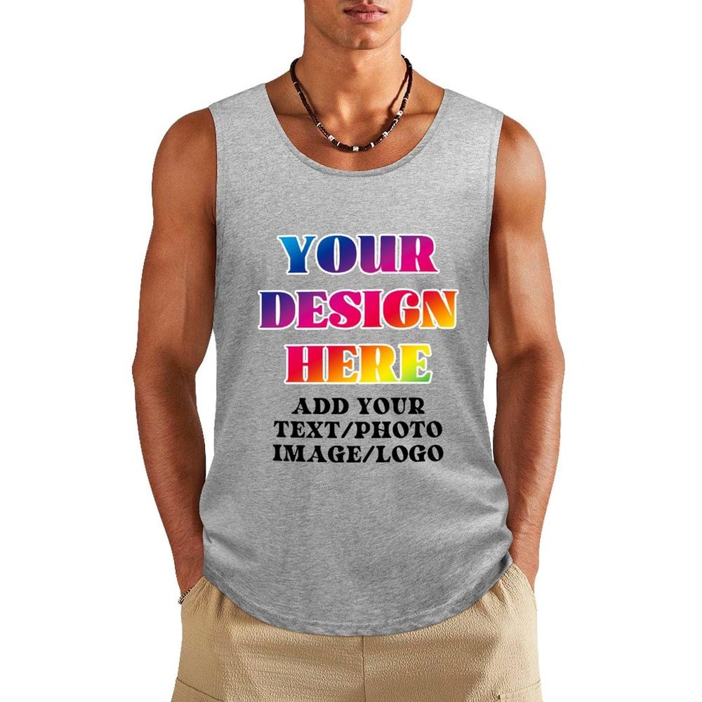Personalized Men's Tank Tops Add Your Design Photo Text Custom Swim Beach Sleeveless Shirts for Gym Fitness Training, Light Heather Grey, S