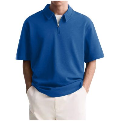 Mens Short Sleeve Polo Shirts Casual Loose Fit Quarter Zip Pullover Classic Trendy Lightweight Golf Collared T-Shirt Blue