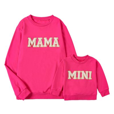 ZAXARRA Mommy and Me Matching Outfits Long Sleeve Crewneck Pullover Tops Mama Sweatshirt Mama and Mini Clothes (Rose Red,Baby,6-12 Months)