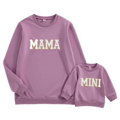 ZAXARRA Mommy and Me Matching Outfits Long Sleeve Crewneck Pullover Tops Mama Sweatshirt Mama and Mini Clothes (Purple,Baby,18-24 Months)