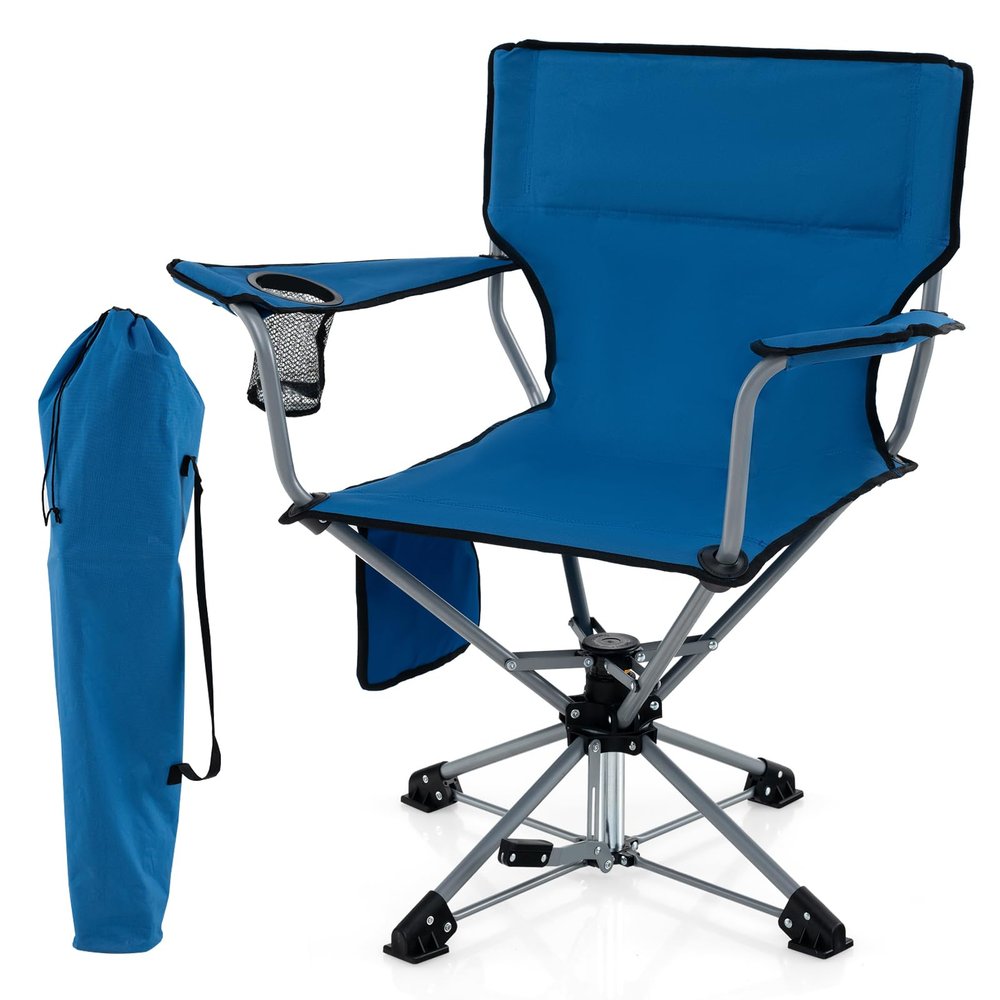 Tangkula Swivel Camping Chair, Portable Lawn Chair with Cup Holder, Storage Pocket, Carrying Bag, Lightweight Outdoor Folding Chair for Outside, Camp, Fishing, Hiking, Beach, No Assembly Needed