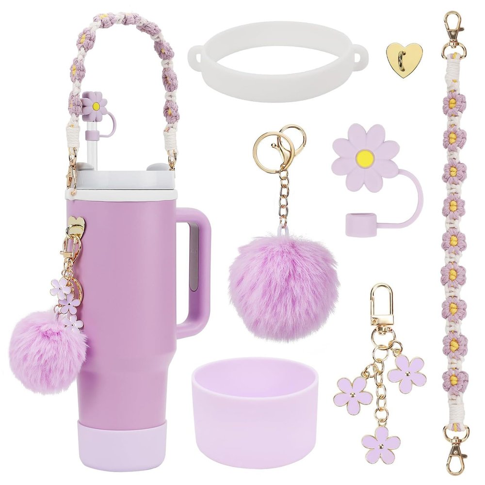 7PCS Stanley Cup Accessories - Including Straw Cover, Silicone Boot, Hand Strap, 4 Purple Charms for 40oz & 30oz Stanley Tumbler