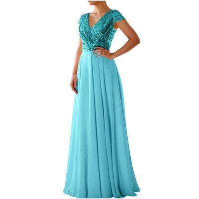 Mother of The Bride Dresses for Wedding Glitter Sequin V Neck Cap Sleeve High Waisted Pleated Maxi Dress Evening Gown Blue