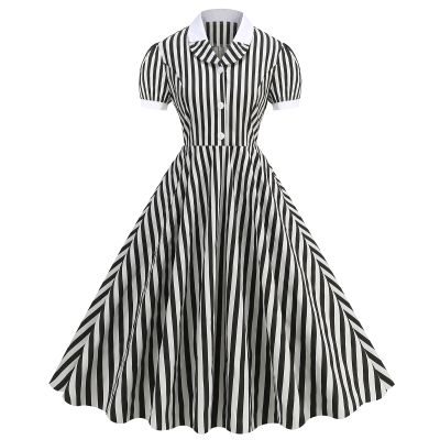 1950s Dresses for Women 50s Retro Stripe Dress Swing Dress 50s Dresses 1940s Vintage Hepburn Short Sleeve Rockabilly A Line Midi Summer Tea Party Dress Cocktail Evening Plus Size Black Stripe L