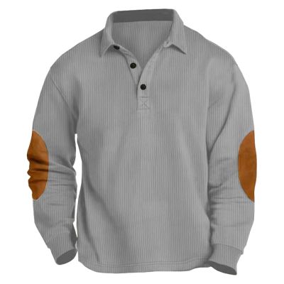 xoxingysm Mens Corduroy Shirt Lapel Collar Button Pullover Tops Long Sleeve Casual Polo Sweaters Sweatshirts Elbow Patches Grey