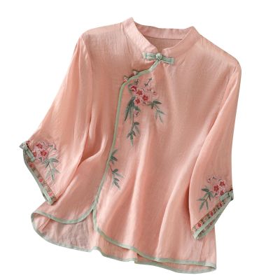 Women's Cotton Linen Embroidered Flroal Shirts Chinese Style Vintage Slanted Collar Button 3/4 Sleeved Blouse Tops Pink Medium