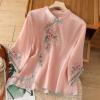 Women's Cotton Linen Embroidered Flroal Shirts Chinese Style Vintage Slanted Collar Button 3/4 Sleeved Blouse Tops Pink Medium view 2