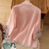 Women's Cotton Linen Embroidered Flroal Shirts Chinese Style Vintage Slanted Collar Button 3/4 Sleeved Blouse Tops Pink Medium view 3