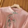 Women's Cotton Linen Embroidered Flroal Shirts Chinese Style Vintage Slanted Collar Button 3/4 Sleeved Blouse Tops Pink Medium view 4
