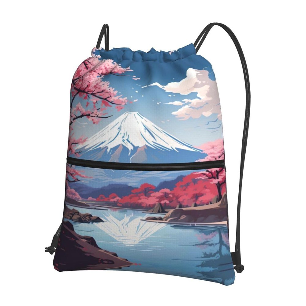 NOUZU Japan Mount Fuji Landscape Print Sports Drawstring Backpack For Women With Zipper Pockets Lightweight Travel Gym Bag, Black