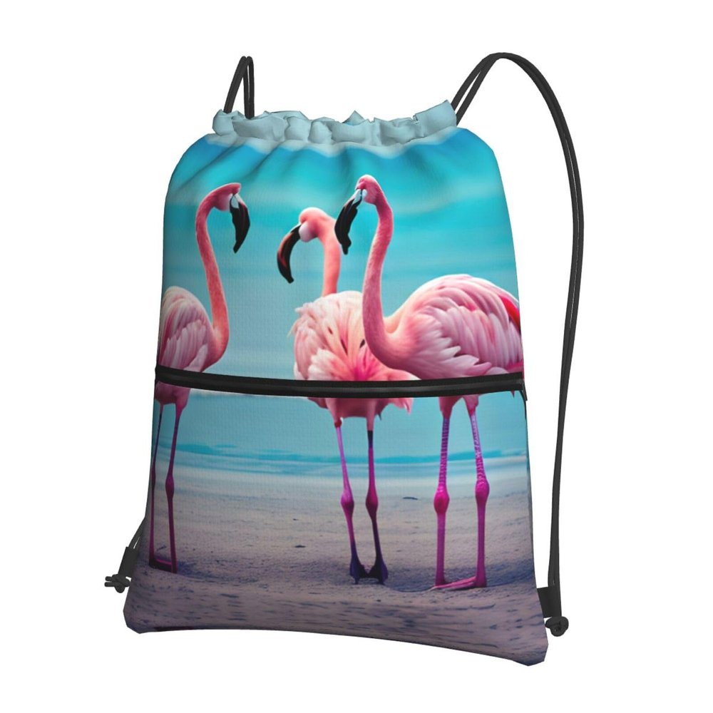 NOUZU Flamingo Beach Print Sports Drawstring Backpack For Women With Zipper Pockets Lightweight Travel Gym Bag, Black