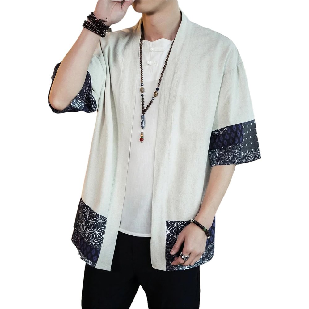 Traditional Japanese Men's Retro Cardigan Samurai Kimono Haori Samurai Yukata Asian Coat Adult Clothing Beige XS