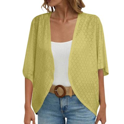 NineFit Basics Recent Orders,Summer Jackets For Women Lightweight, Kimono Cardigans For Women,Casual Open Front 3/4 Sleeve Cardigan,Plus Size Lightweight Shawls Ruana Wraps,X-Large,Yellow-1