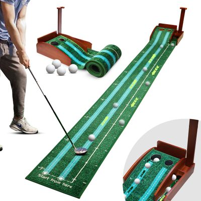 Putting Green IndoorGolf Putting mat with Motorized Ball Return, Wood Base, and Wrinkle-Free Velvet - Ideal for Golf Enthusiasts and Home or Office Use. M-9.61FT