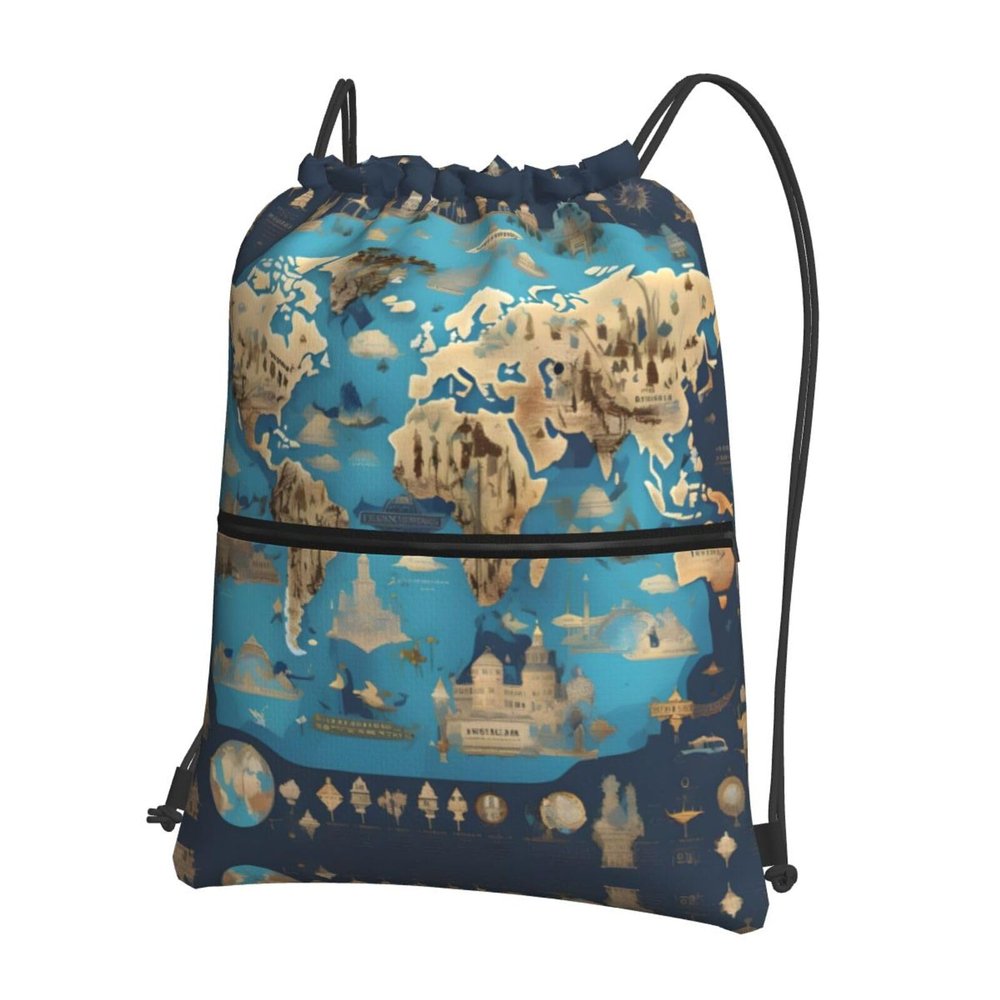 NOUZU World Geography Map Print Sports Drawstring Backpack For Women With Zipper Pockets Lightweight Travel Gym Bag, Black