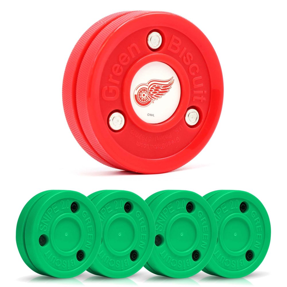 Green Biscuit 4-Pack Snipe New 2.0 Off Ice Hockey Pucks with 1 NHL Puck, Street Hockey Puck for Stickhandling and Shooting Practices - Official (Detroit Red Wings)