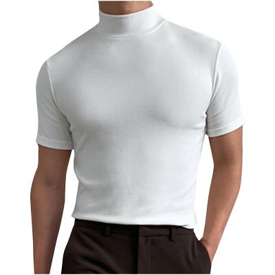 Uillui Men's Mock Turtleneck Sweater Short Sleeve Casual Basic Pullover Undershirts Baselayer Cotton Stretch Mock Neck Tee White