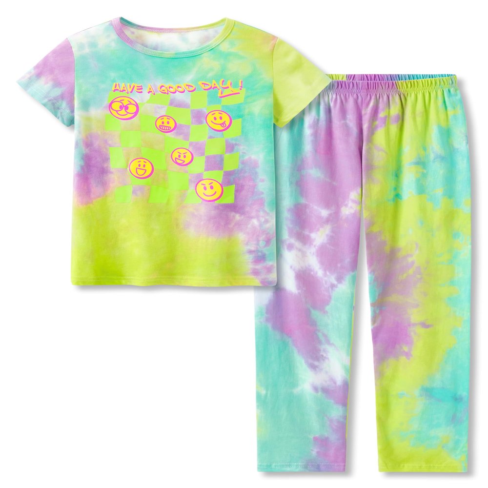 Beezizac Girls Pajama Cotton Tie Dye Checker & Face Short Sleeve & Pants Set 2-PC Cute Sleepover Size 8