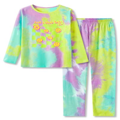 Beezizac Cotton Pajama for Girls Tie Dye Checker & Face Long Sleeve Set 2-Piece Cute PJ Sleepover Size 18