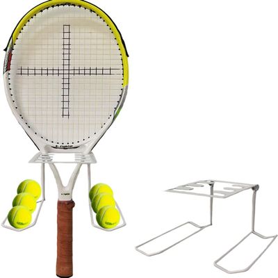 YAOSHER Tennis Racket Holder, Wall Mounted Metal Tennis Racket Holder For Heavy-Duty Steel Hanging Tennis Paddle Badminton Racket Holder Holds 6 Balls 4 Racquets Colour Of White, WZ2486