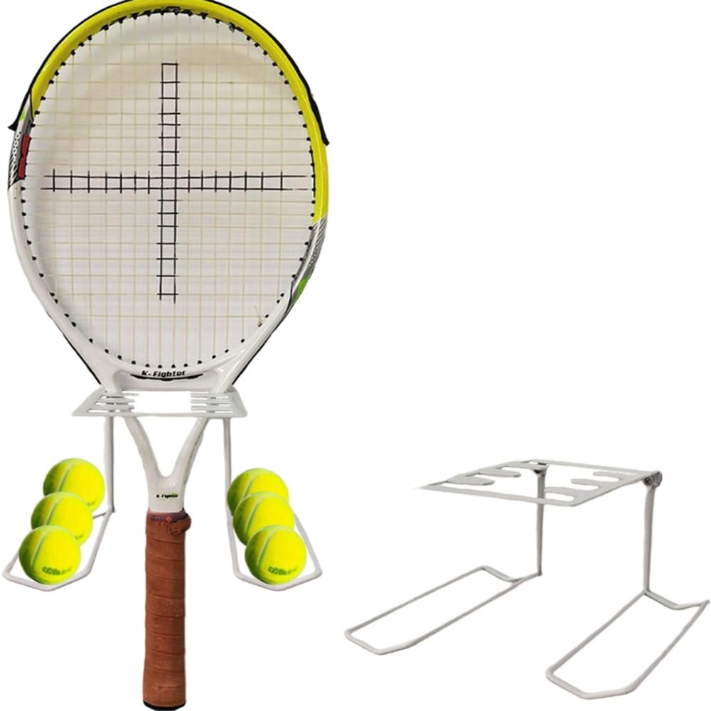 YAOSHER Tennis Racket Holder, Wall Mounted Metal Tennis Racket Holder For Heavy-Duty Steel Hanging Tennis Paddle Badminton Racket Holder Holds 6 Balls 4 Racquets Colour Of White, WZ2486