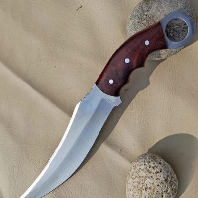 NineFit Basics Karambit Knife, Handmade Carbon Steel Hunting Knife with wood Handle, Camping Sharp knife with Leather Sheath., Silver