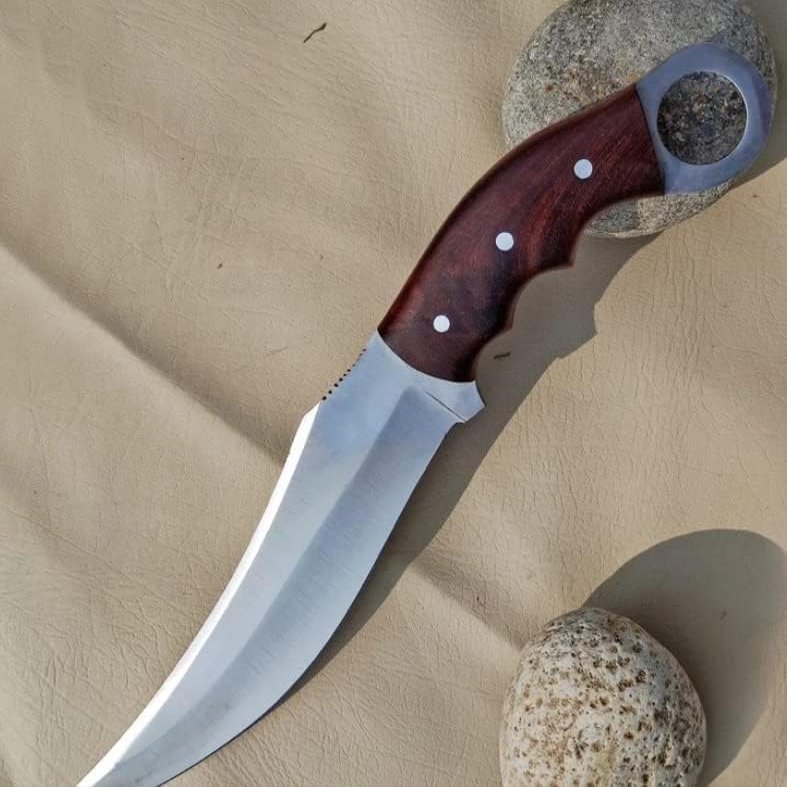 NineFit Basics Karambit Knife, Handmade Carbon Steel Hunting Knife with wood Handle, Camping Sharp knife with Leather Sheath., Silver