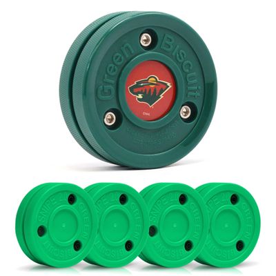 Green Biscuit 4-Pack Snipe New 2.0 Off Ice Hockey Pucks with 1 NHL Puck, Street Hockey Puck for Stickhandling and Shooting Practices - Official (Minnesota Wild)