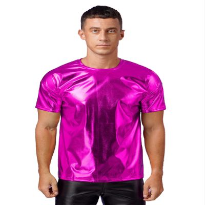 YONGHS Men's 70s Disco Metallic Dance Shirts Round Neck Shiny Vest Tank Top Tee T-Shirts Clubwear Hot Pink Medium