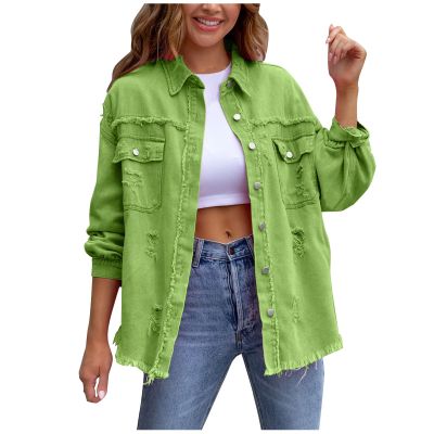 NineFit Basics Oversized Jean Jacket For Women,2024 Trendy Classic Lapel Button Up Frayed Hem Shacket,Casual Loose Long Sleeve Denim Jacket Boyfriend Distresse Ripped Trucker Coats(B-Green,XL), X-Large