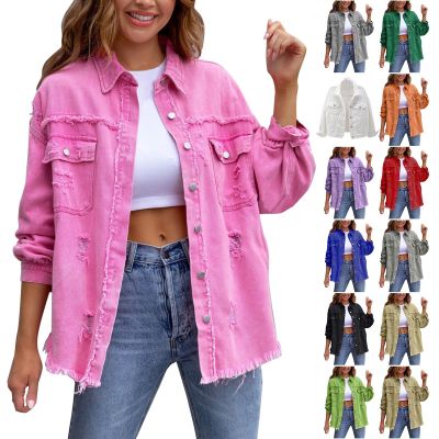 NineFit Basics Oversized Jean Jacket For Women,2024 Trendy Classic Lapel Button Up Frayed Hem Shacket,Casual Loose Long Sleeve Denim Jacket Boyfriend Distresse Ripped Trucker Coats(B-Pink,M), Medium