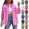 NineFit Basics Oversized Jean Jacket For Women,2024 Trendy Classic Lapel Button Up Frayed Hem Shacket,Casual Loose Long Sleeve Denim Jacket Boyfriend Distresse Ripped Trucker Coats(B-Pink,M), Medium view 1