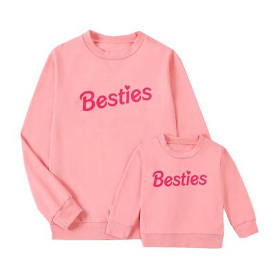ZAXARRA Mommy and Me Matching Outfits Long Sleeve Crewneck Pullover Tops Mama Sweatshirt Mama and Mini Clothes (Bestie & Pink,Baby,2-3T)