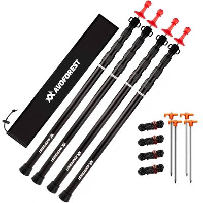 Tarp Poles Heavy Duty Adjustable, AVOFOREST Aviation Aluminum 8.7FT Tent Poles Lengthen and Thicken with Protection Cap Awning Poles Set of 4 for Hiking
