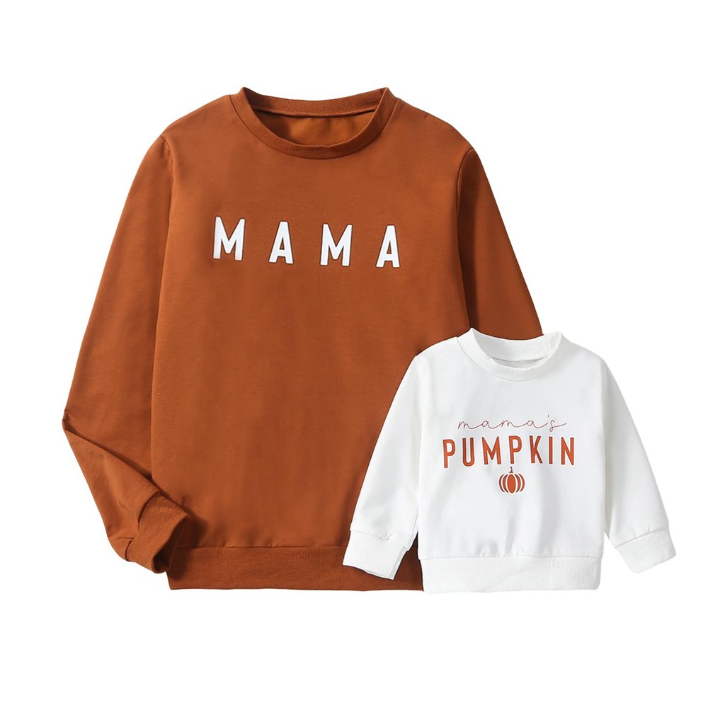 ZAXARRA Mommy and Me Matching Outfits Long Sleeve Crewneck Pullover Tops Mama Sweatshirt Mama and Mini Clothes (Brown Pumpkin,Mom,XX-Large)