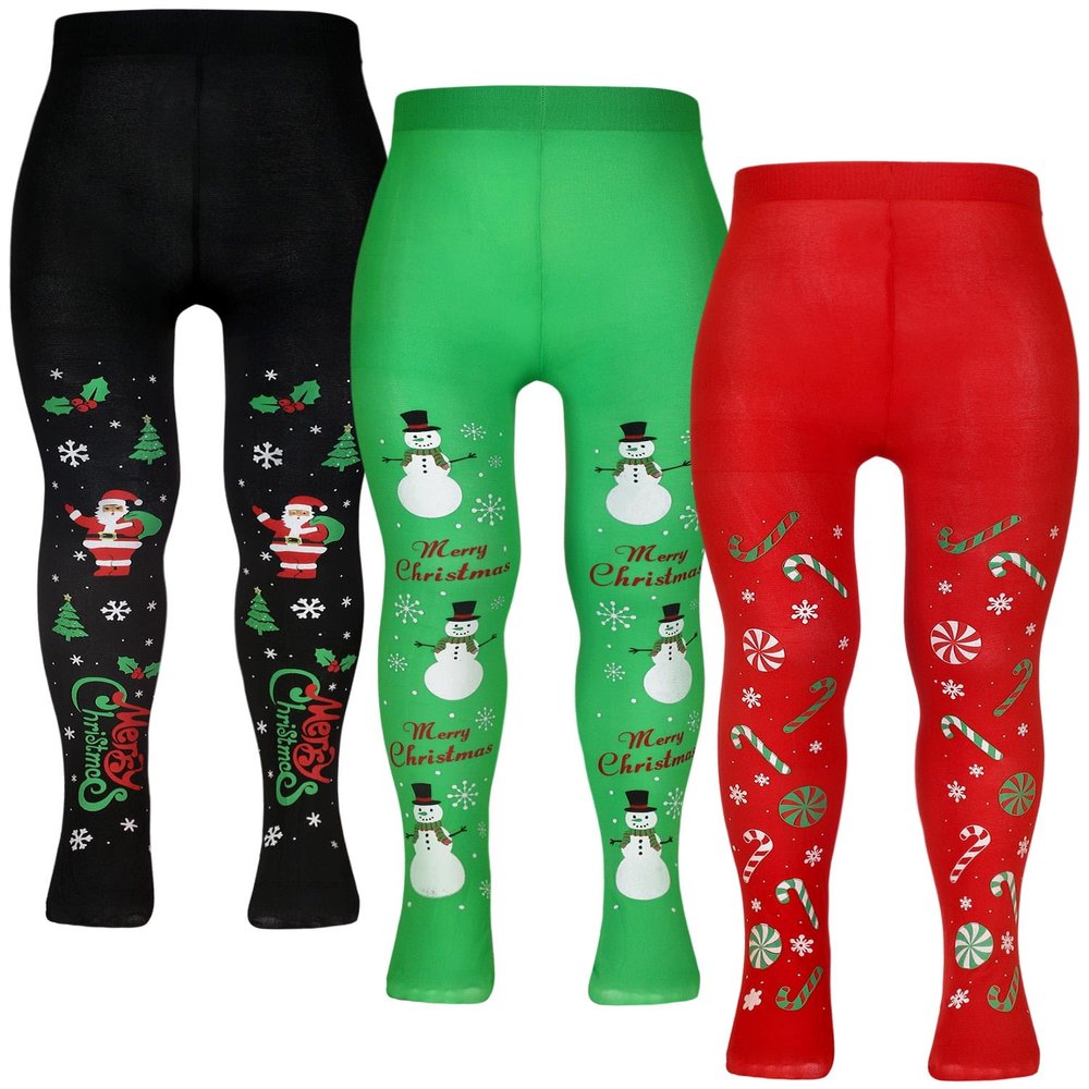 Bencailor 3 Pairs Christmas Girls Pantyhose Tights for Dance Girls Stockings Snowflake Printed Leggings Seamless Stockings(Black Red Green,5-10)