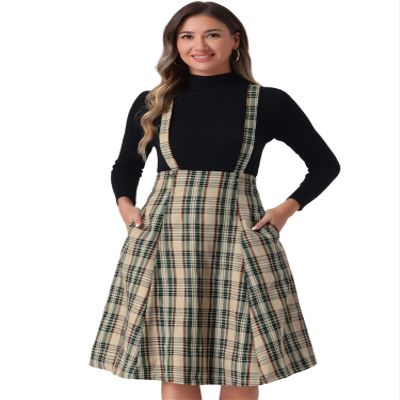 Allegra K Overall Plaid Dress for Women's Christmas Tartan Pinafore Suspender Skirt X-Large Khaki