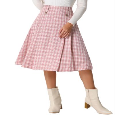 Allegra K Vintage Plaid Skirts for Women's High Waist Pleated A-Line Midi Skirt Large Pink